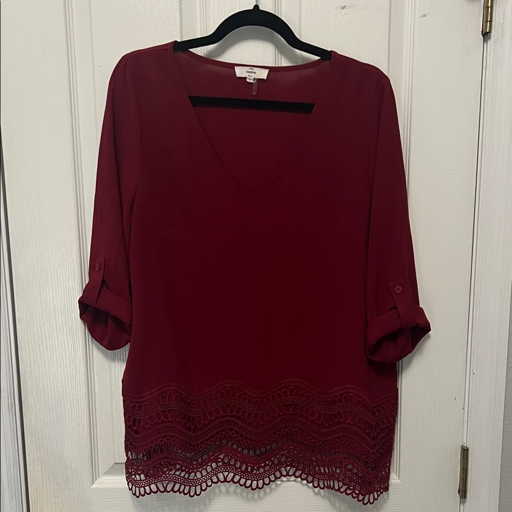 Deep Red V-Neck Blouse with Lace Trim